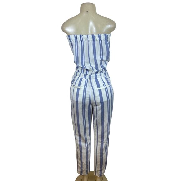 Ann Taylor Loft Womens Blue White Striped Linen Blend Jumpsuit Chic Style Size S - Picture 3 of 5